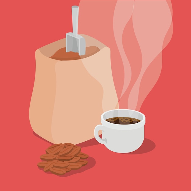 Koffiebonen tas mok bessen en bladeren ontwerp van drank cafeïne ontbijt en drank thema.