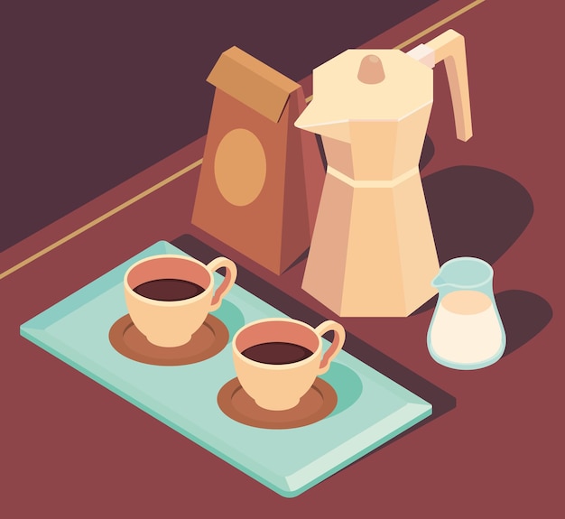 koffieketels en kopjes met melk