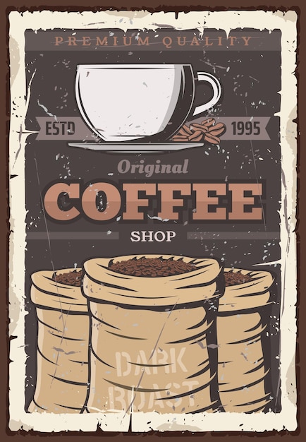 Vector koffiekopje en bonen in zak vintage vector poster