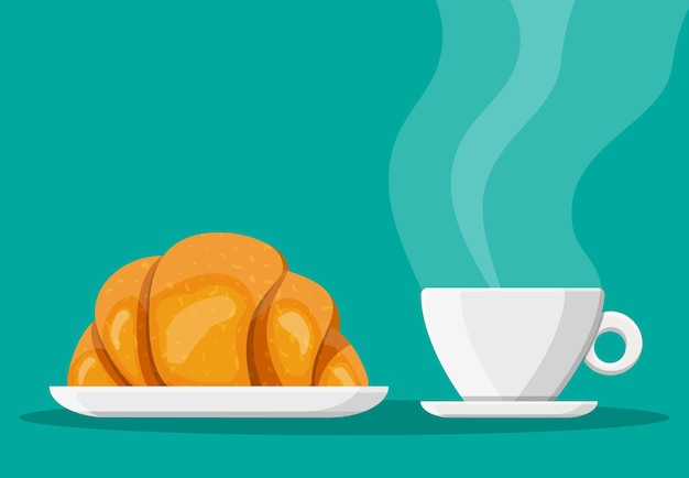 Koffiekopje en franse croissant. koffie warme drank. concept voor café, restaurant, menu, desserts, bakkerij. ontbijt uitzicht. vectorillustratie in vlakke stijl