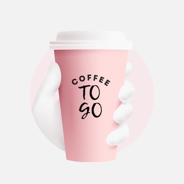 Koffiekopje mockup. realistische document koffie om te gaan kop in wit handsilhouet in ronde roze vorm die op witte achtergrond wordt geïsoleerd. koffie om te gaan of om concept weg te nemen. illustratie.