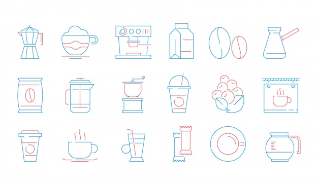 Koffiekopje pictogrammen. Warme dranken thee en koffie espresso kopje en mok pot cake voedsel vector lineaire symbolen
