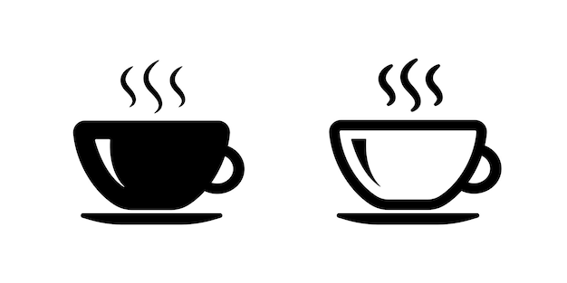 Koffiekopje pictogrammenset hete thee mok vector symbool zwarte lijn pictogram kopje espresso koffie of cappuccino ochtend drankje logo silhouet en overzicht pictogrammen