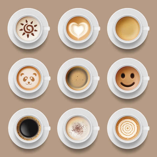 Koffiekopjes. cappuccino latte americano bovenaanzicht van realistische warme ochtend drankjes illustraties