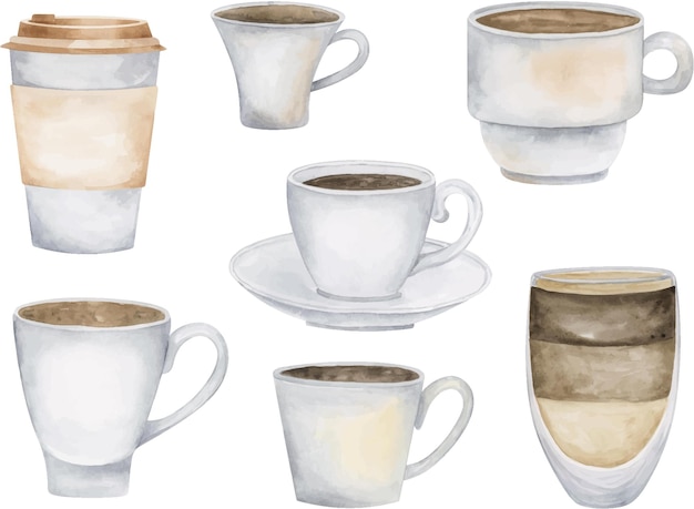 Koffiekopjes handgetekende aquarel clipart collectie Geïsoleerde e