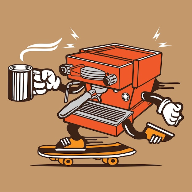 Koffiemachine skater mascotte vector skateboarden characterdesign