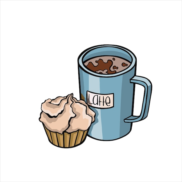 Koffiemok en cupcake met roomillustratie