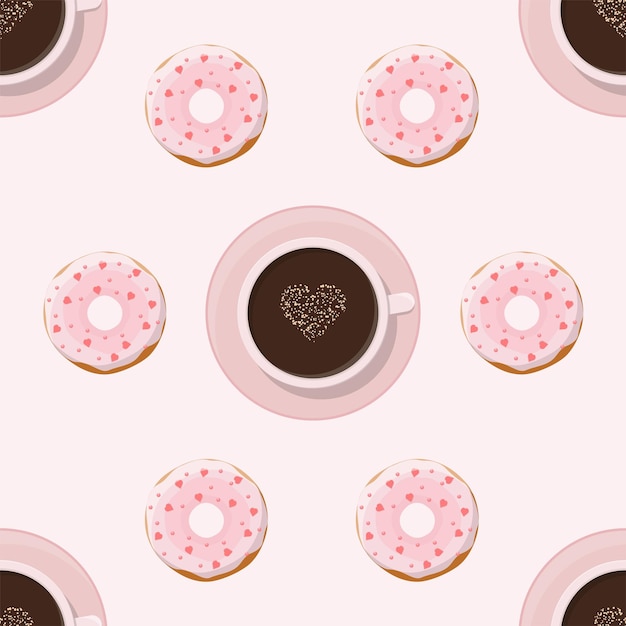 Koffiemok en donut roze naadloos patroon