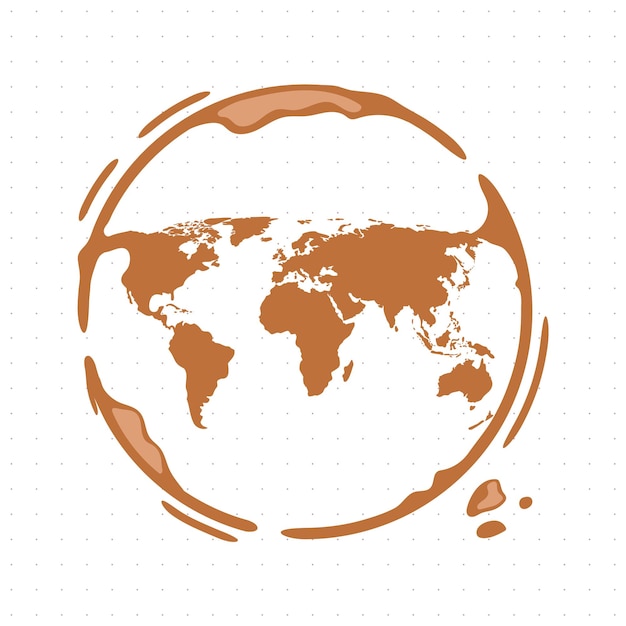 Koffiemok ronde vlek met wereldkaart erin Gedruppelde koffie in de vorm van continenten