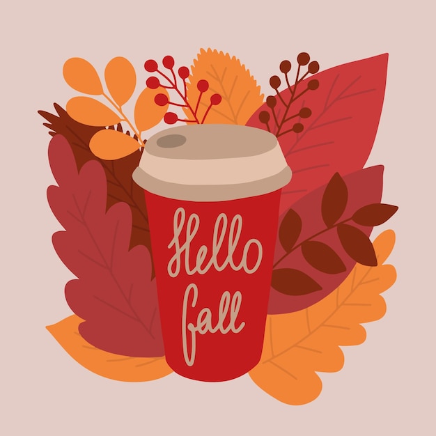 Vector koffiemok vectorillustratie met herfstbladeren achter hallo herfst vectormok met warme drankillustratie