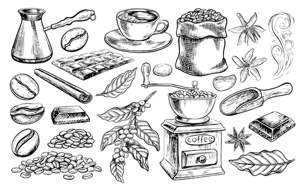 Koffiemolen koffiebeker en korrels Vectorgrafiek zwart-wit illustratie