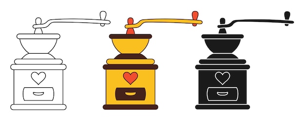 Koffiemolen pictogram lijn set doodle cartoon stijl of stempel molen teken retro koffiehuis menu symbool