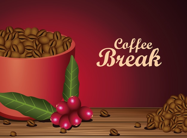 Koffiepauze poster met kopje en zaden natuur vector illustratie ontwerp