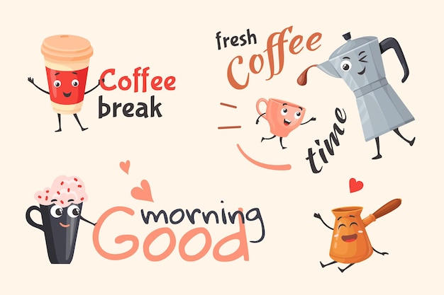 Koffiepot tekens Cartoon Moka koffiepot en koffie kopje vrienden belettering stickers schattig cezve karakter komische gezicht espresso cupping café barista concept vectorillustratie van koffiekopje drinken