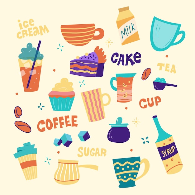 Koffiezet Illustratie en handtekening Tekst Eenvoudig minimalisme platte ontwerpstijl Ontwerpelementen Koffiebonen cupcake beker om ijs koffie melk siroop kalkoen ijs thee suiker