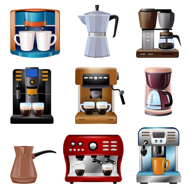 Koffiezetapparaat pictogrammen instellen cartoon vector koffiekopje machine beker