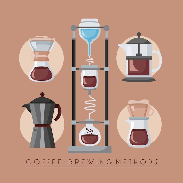 Vector koffiezetmethoden illustratie met set makers gebruiksvoorwerpen