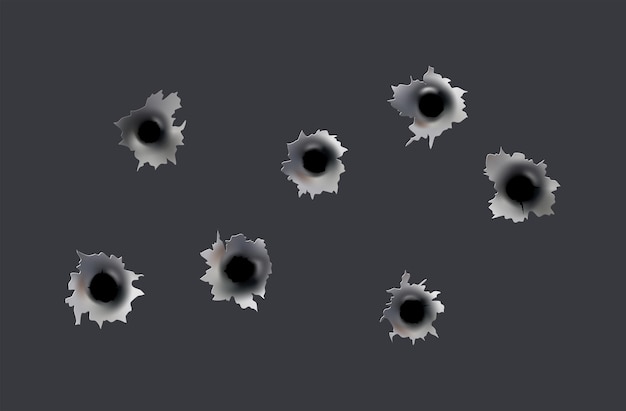 Kogelgaten van geweer of pistool Schieten in metalen enkel en dubbel gat Schade en scheuren op oppervlak