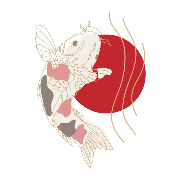 Vector koi carp fish drawing with red circle design template,vector .oriental japanese style .minimal art.