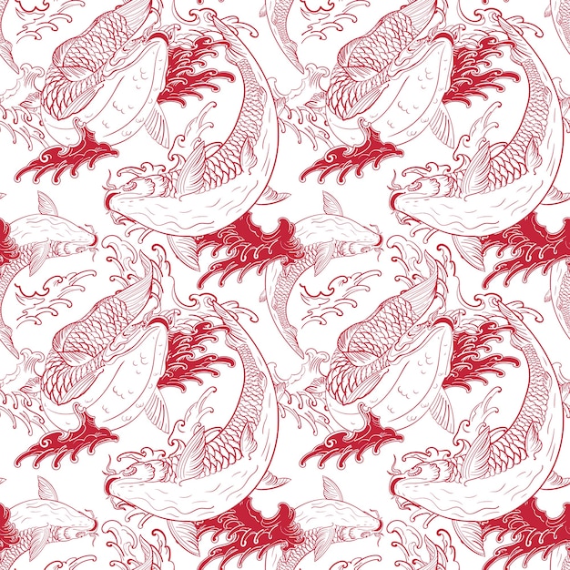 Vector koi carps japanese white red seamless pattern