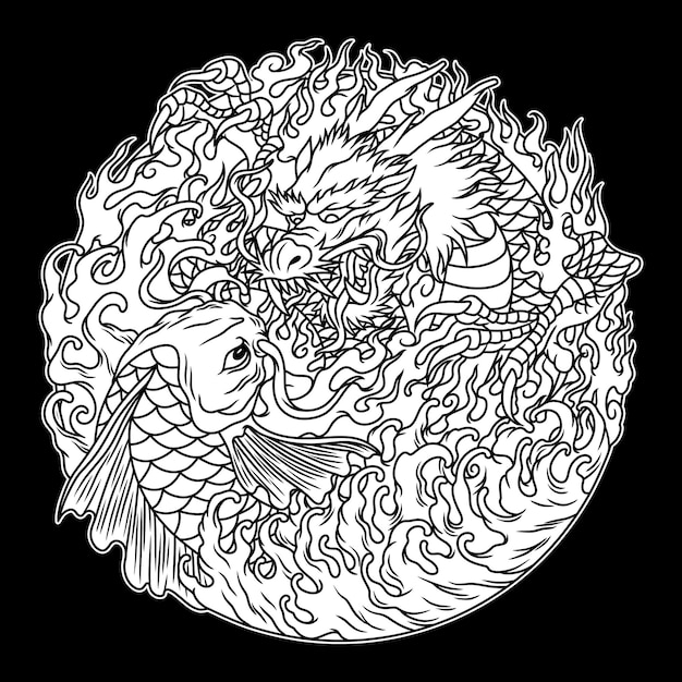 Koi Dragon Black and White Illustration