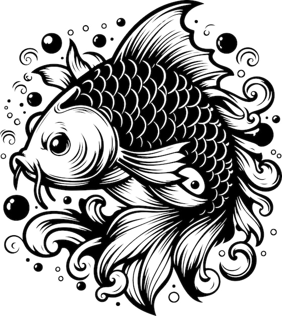 Векторная иллюстрация черного контура рыбы кой