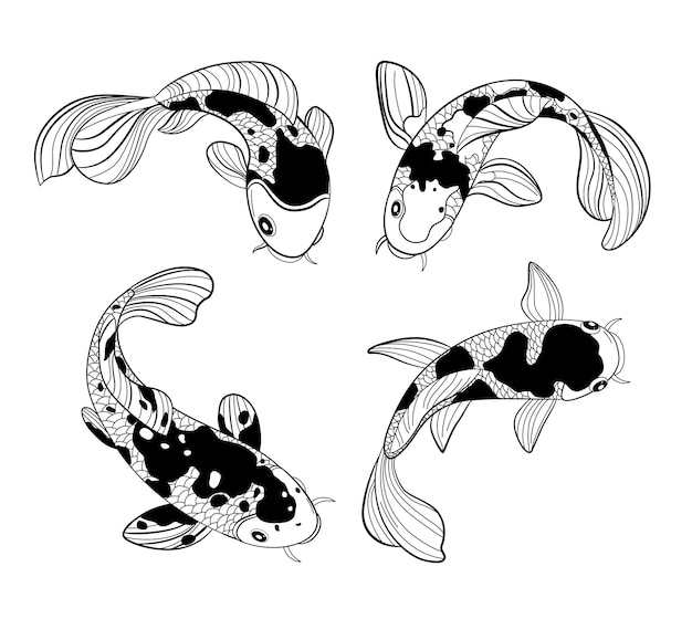 Рыба кои черно-белый рисунок плоской изолированной векторной иллюстрации