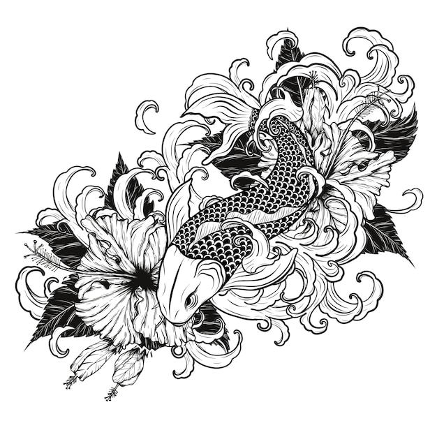 Koi pesce e hibiscus tatuaggio a mano di disegno.