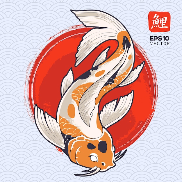 Vector koi fish on painted red circle. japanese carp.