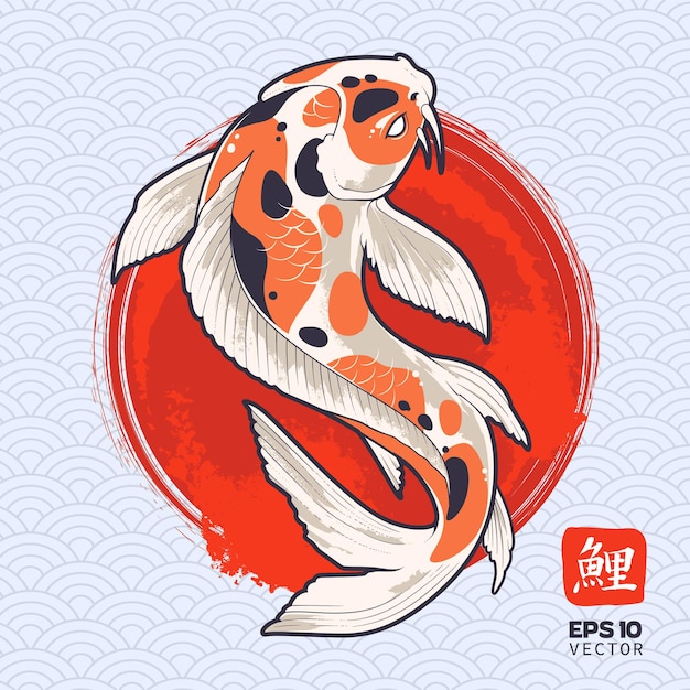 Vector koi fish on painted red circle. japanese carp.