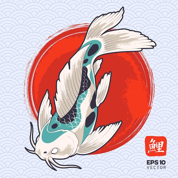 Vector koi fish on painted red circle. japanese carp.