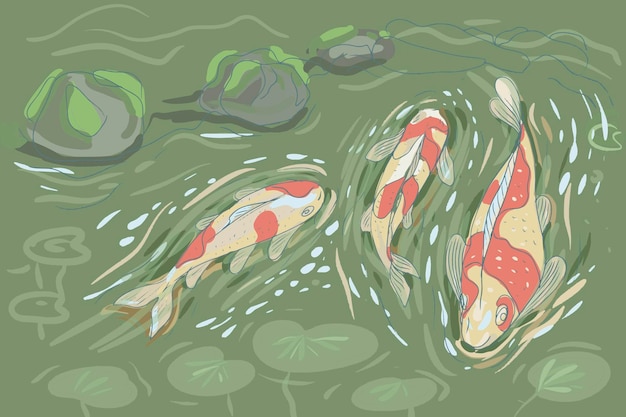 koi fish in a pond swim in the water h colorful white fish with red spots on a dark green