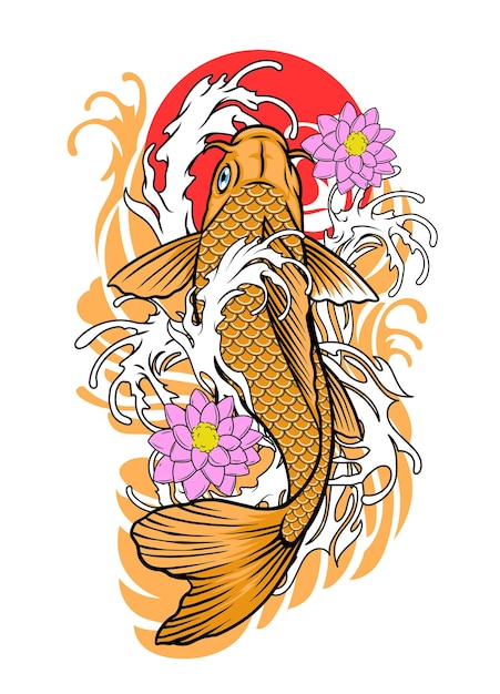 Vettore disegno del tatuaggio del pesce koi in look vintage