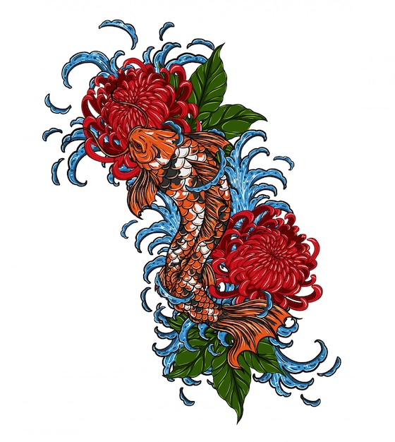 Кои-рыба с хризантемой векторная татуировка от руки рисунок