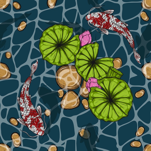 Koi fish with lotus seamless pattern by hand drawing