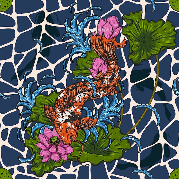 Vector koi fish with lotus seamless pattern by hand drawing