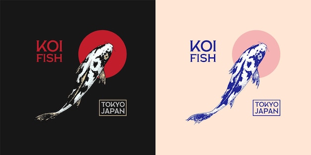 Koi karper en rode zon japanse vis badge koreaans dier logo gegraveerd hand getrokken lijn kunst vintage