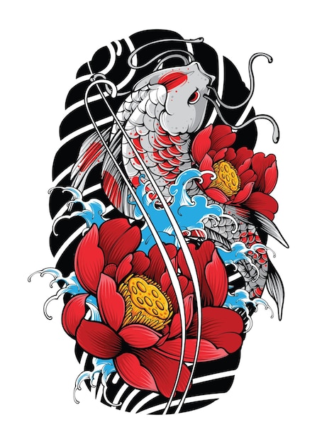 Vector koivissen met japanse golf en bloemen in japanse tattoo-illustratiestijl