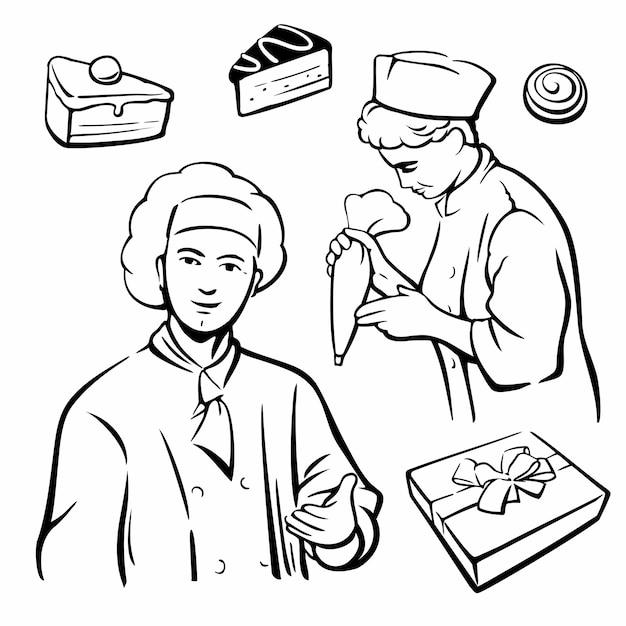 Koken en stuk taart. vintage vector symbolen en pictogram instellen.