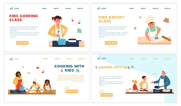 Koken kids class set website templates. volwassenen koken met kinderen. bakkerij klasse. salade, pannenkoeken, soep, koekjes maken. bestemmingspagina.