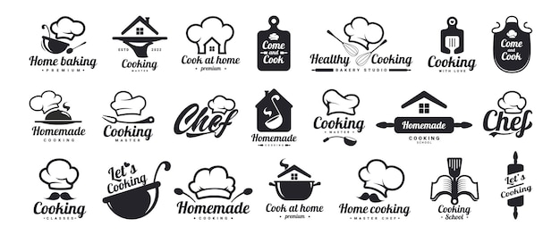 Koken logo's set Healthy Food logo Keuken zinnen Thuis kok chef snor keukengerei