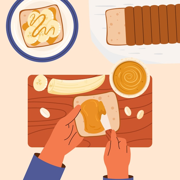 Koken toast met pindakaas bovenaanzicht illustratie Paar handen kookt een broodje voor het ontbijt