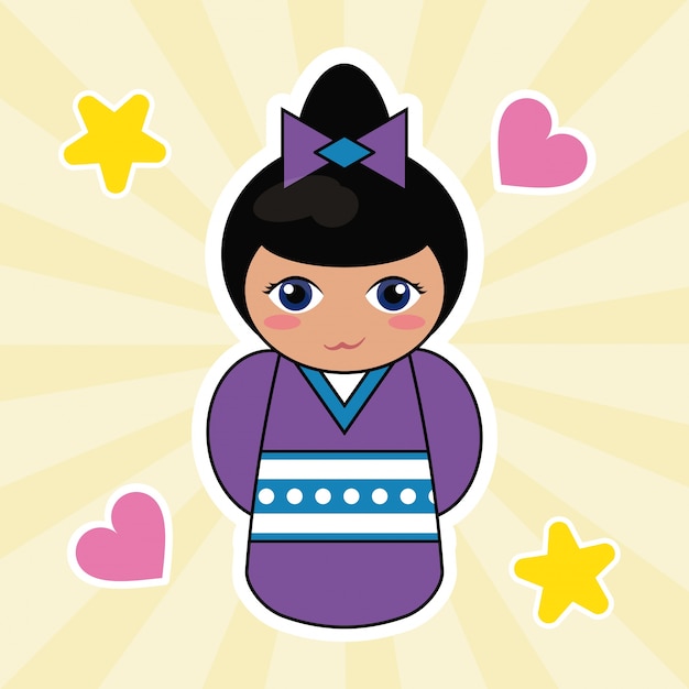 Vector kokeshi doll cute hearts background