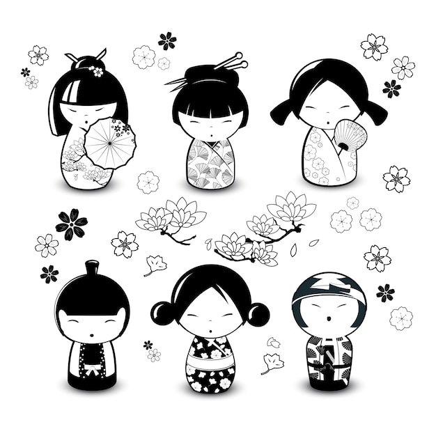 Kokeshi Dolls in black and white style. Vector illustration