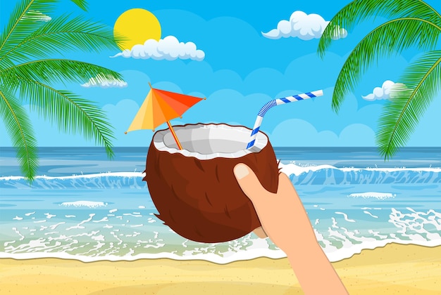 Vector kokosnoot met koude drank, alcoholcocktail in de hand. landschap van palmboom op strand. zon met weerspiegeling in water, wolken
