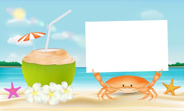 Kokosnoot water en krab met papier op een zee strand achtergrond