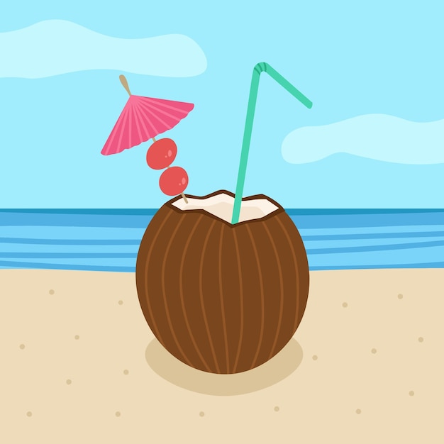 Vector kokosnootcocktail op het strand met de hand getekende illustratie