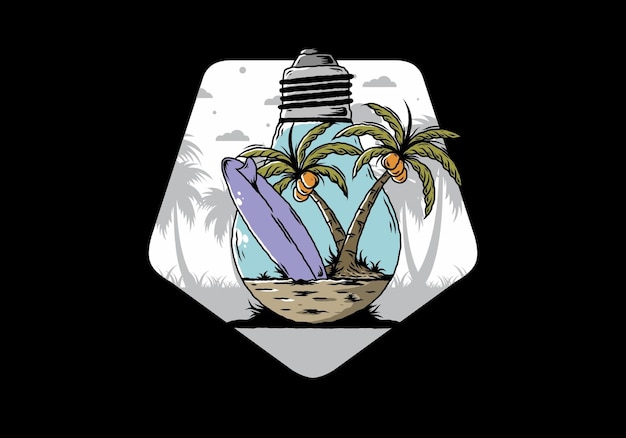 Kokospalm en surfplank in een illustratie van een gloeilamp