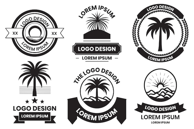 Kokospalm of zee-logo in het concept van toerisme in vintage stijl