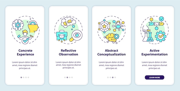 Vector kolbs experimentele theorie onboarding mobiele app scherm